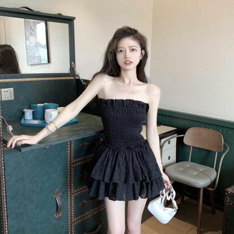 Đầm Chữ A Dáng Ngắn Xếp Tầng Thời Trang Quyến Rũ Rỗng thêu kỳ nghỉ gió đầm bãi biển Thêu rỗng vai đầm