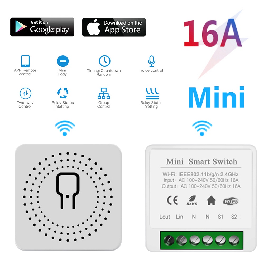 Công tắc áp suất Wi-fi Aubess không dây mini 16a 100-240V điều khiển ứng dụng di động thông minh thời gian từ xa 2 đường