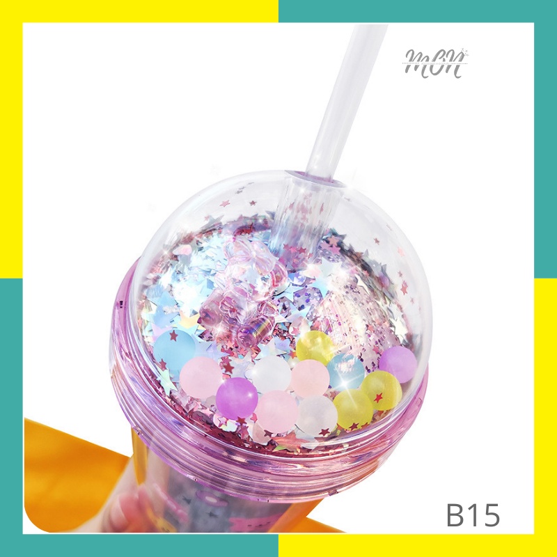 🌸sẵn🌸 Ly nước giữ nhiệt 2 lớp nhựa an toàn họa tiết gấu dễ thương lấp lánh - B15