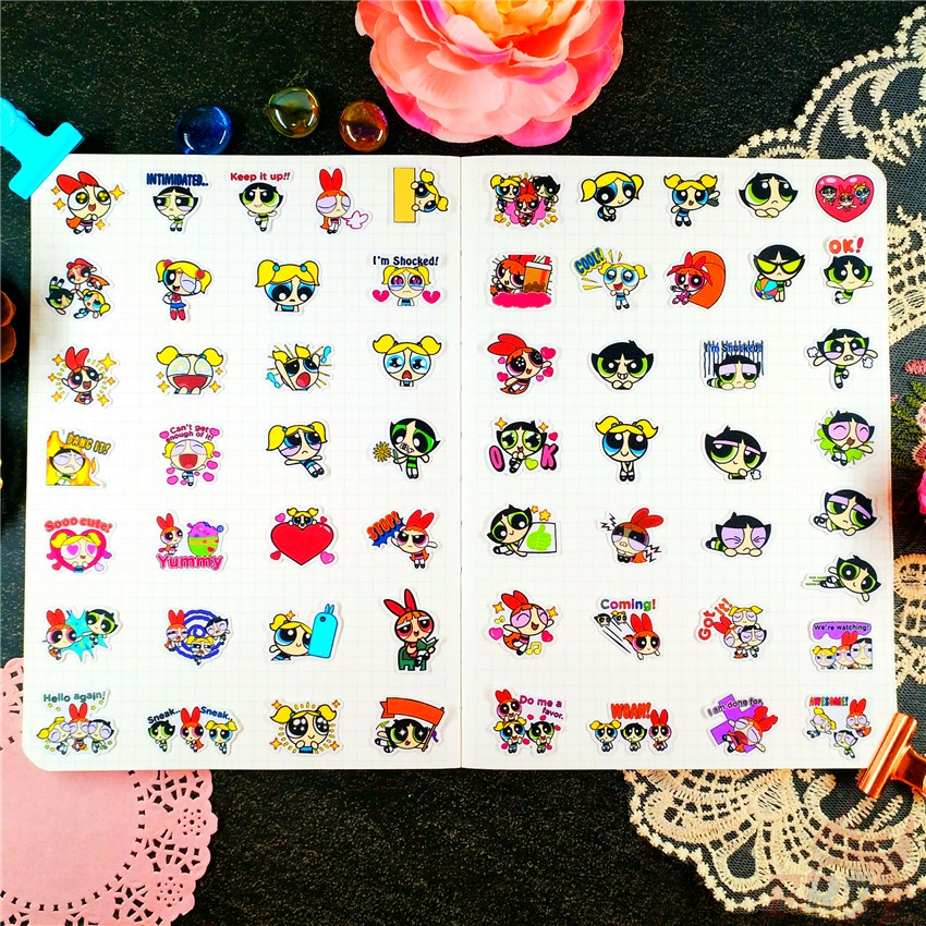 ★★★ Sticker Dán Trang Trí Nhật Ký Hình Powerpuff Girls Q-2 ★★★ Bộ 60 Hình Dán Thời Trang Trang Trí Album
