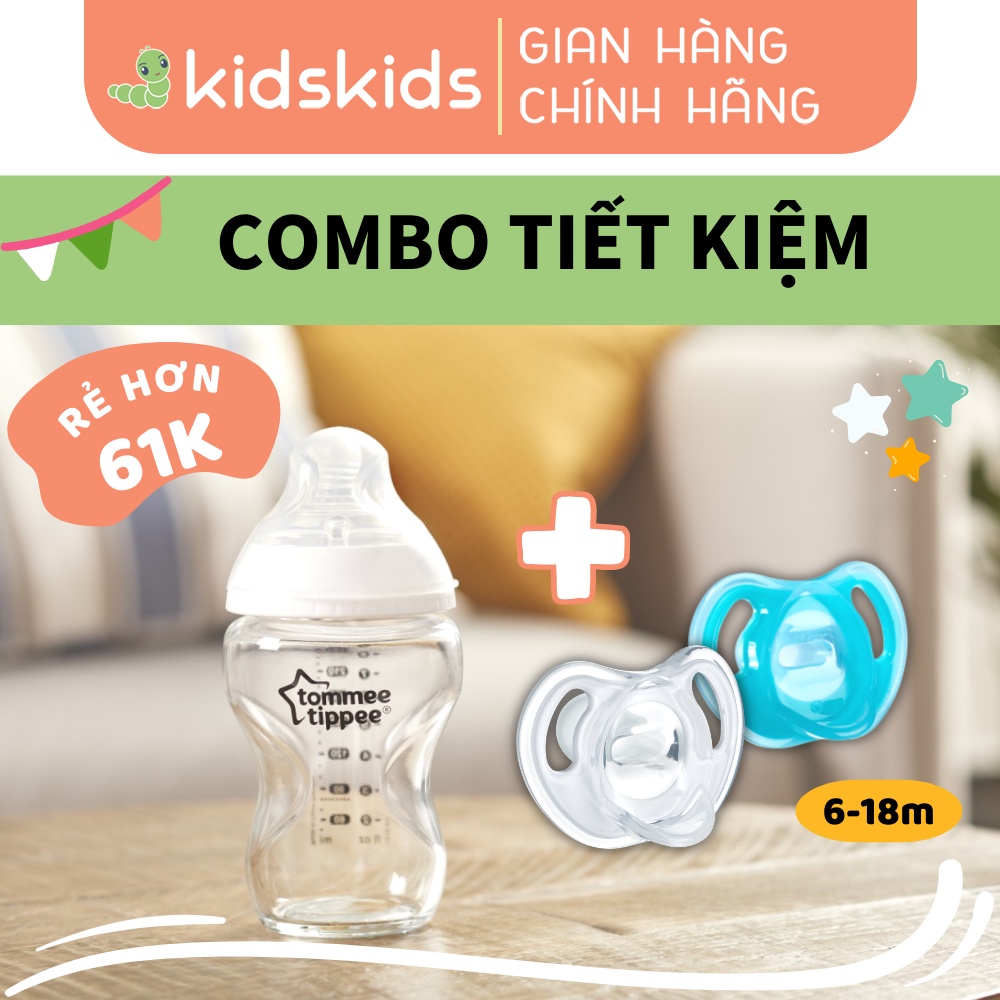 COMBO Ty ngậm silicon siêu nhẹ cho bé Tommee Tippee Ultra Light 6-18 tháng &amp; Bình sữa thuỷ tinh Tommee Tippe