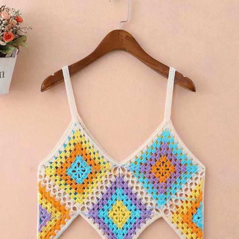 Áo Croptop Dệt Kim Không Tay Cổ Chữ V Họa Tiết Hình Thoi Nhiều Màu Phong Cách Boho Quyến Rũ Cho Nữ