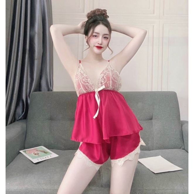 Đồ ngủ nữ sexy hai dây satin cao cấp thoáng mát phối ren mềm mịn hở lưng siêu gợi cảm