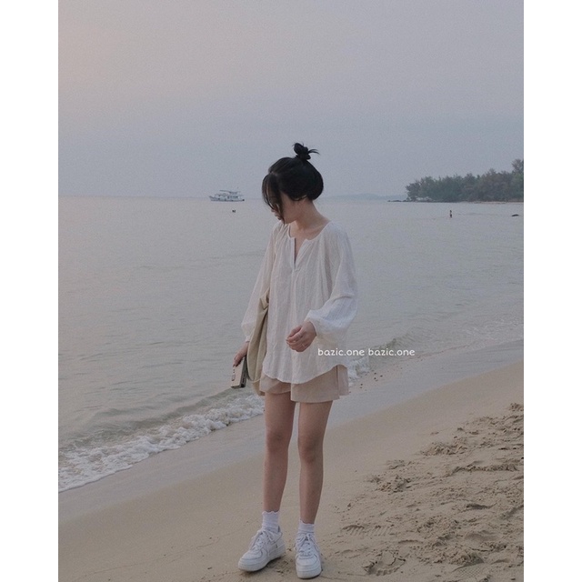 [Mã FAMARAL1 giảm 10K đơn 50K] Áo sơ mi babydoll cổ xẻ tay bồng Bazic one | BigBuy360 - bigbuy360.vn
