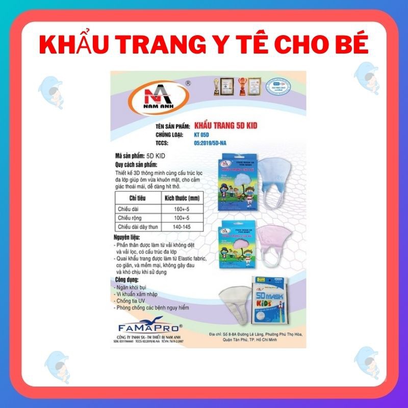 Hộp 10 Khẩu Trang Y Tế FAMAPRO Nam Anh Kháng Khuẩn, Chống Tia UV Cho Trẻ Em 5D Mask