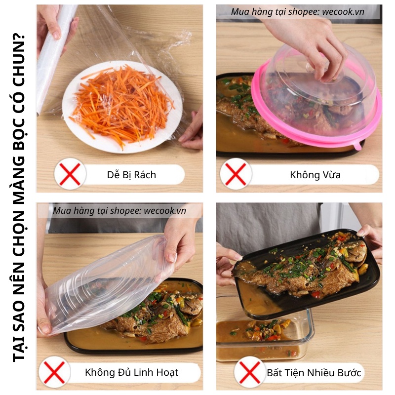 Set 100 màng bọc thực phẩm thức ăn có chun siêu co dãn WeCook - Túi bọc thực phẩm đồ ăn bảo quản thực phẩm