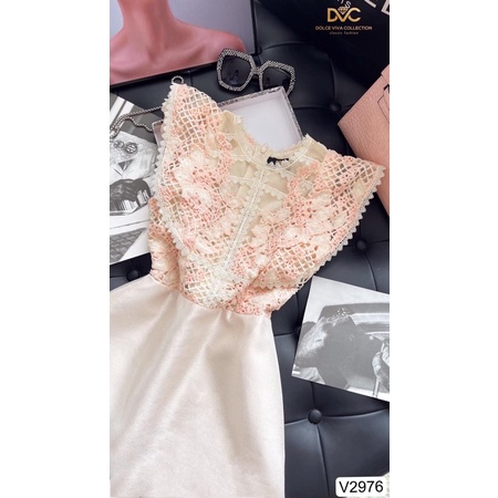 V2976 Váy tafta  kem phối ren hồng tiểu thư sang chảnh -  Dolce viva colection