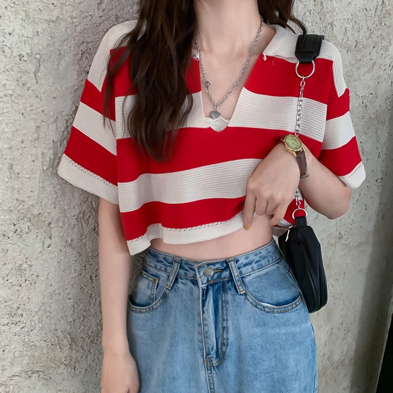 Áo thun dệt kim tay ngắn dễ phối đồ thời trang Hàn Quốc