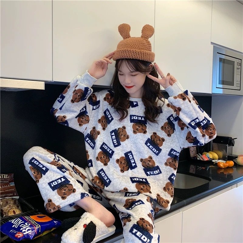 Bộ ngủ nữ đáng yêu siêu nhẹ giữ nhiệt, bộ ngủ cute chất liệu lông cừu siêu ấm | BigBuy360 - bigbuy360.vn