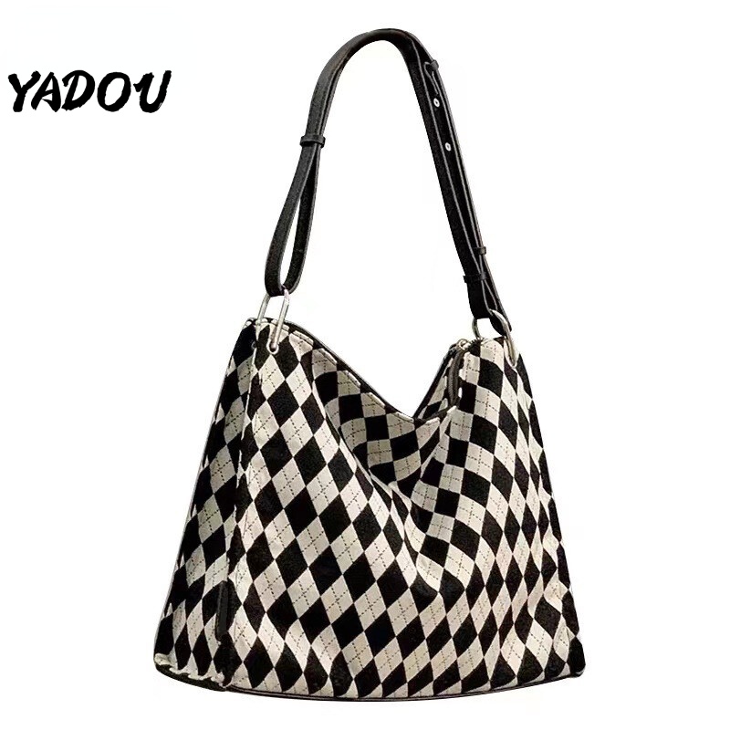 Túi vải YADOU sức chứa lớn họa tiết kim cương đen trắng phong cách cao cấp thời trang cho nữ