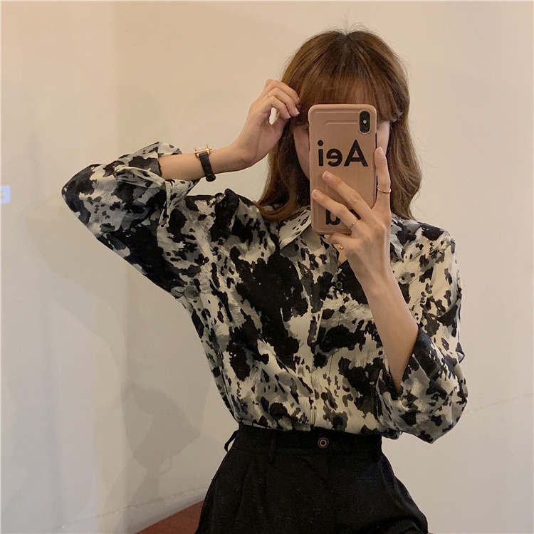 SUXI Áo sơ mi chiffon tay dài dáng rộng phong cách retro thời trang cho nữ