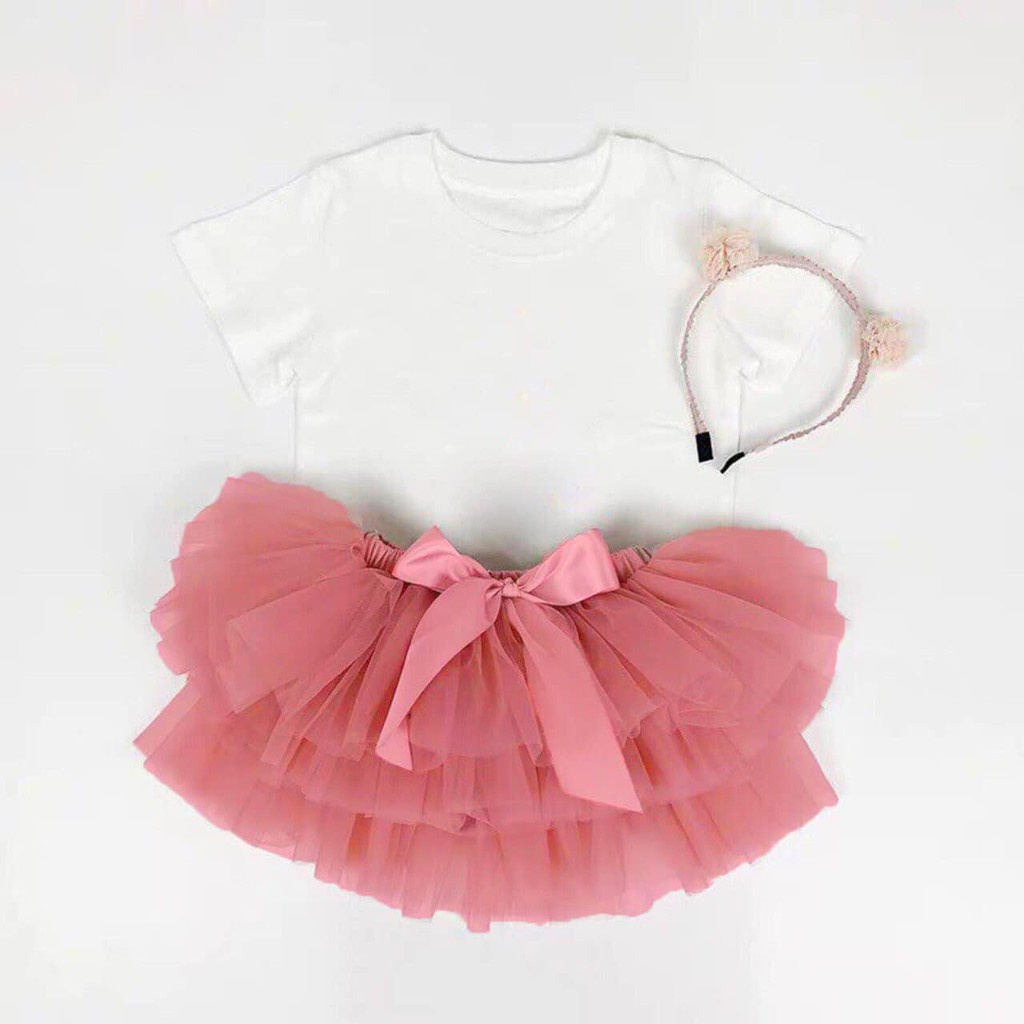 Váy đầm cho bé gái set bộ áo trắng mix chân váy hồng thắt nơ nhiều tầng điệu đà xinh xắn cho bé yêu JIMADO AA432