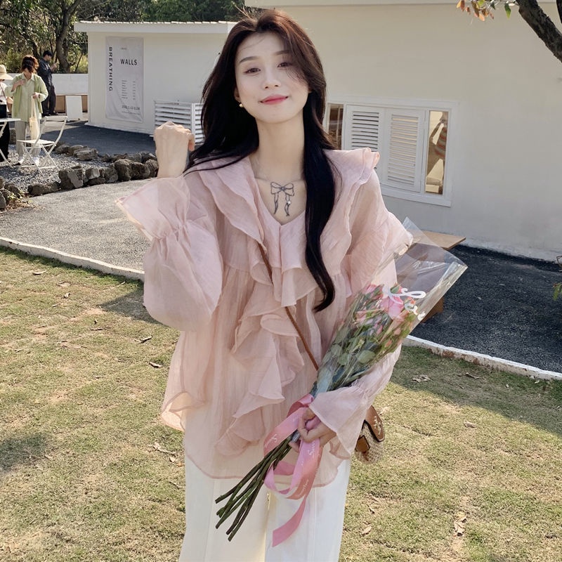 Gentle style v-neck ruffled shirt women's spring  new Korean style loose slimming long-sleeved shirt top Japanese style top 3tye