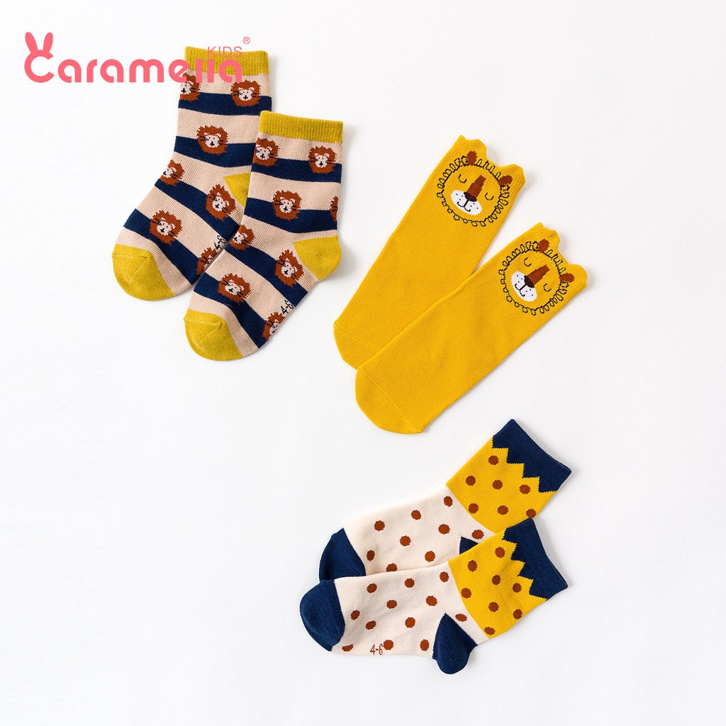 Tất CARAMELLA trẻ em mùa đông set 3 đôi vớ thêu hoạt hình động vật xinh xắn full size S M L XL