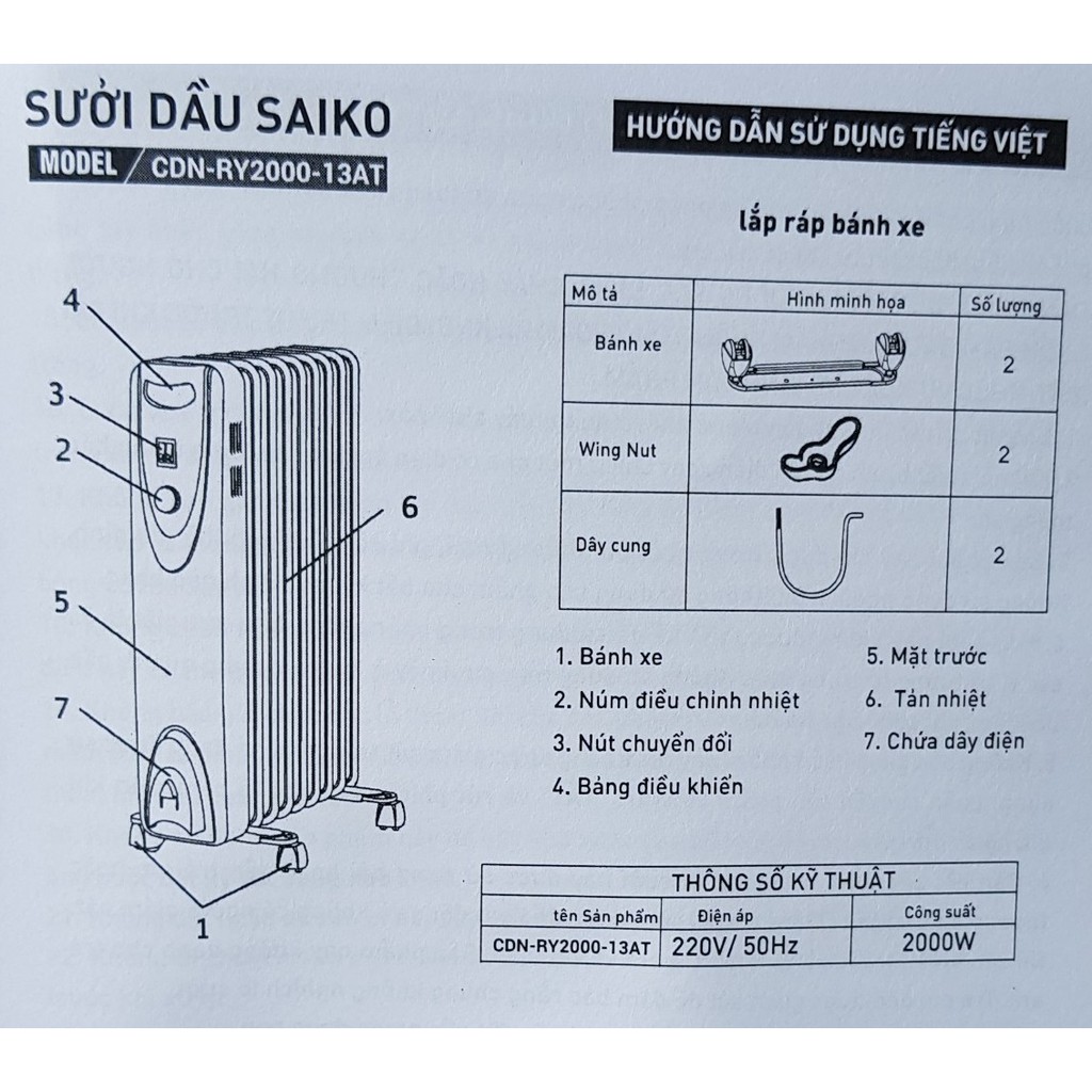 [Mã ELHA22 giảm 5% đơn 300K] [Mã 252ELSALE hoàn 7% đơn 300K] Máy sưởi dầu Saiko CDN-RY2000-13AT - 13 Thanh