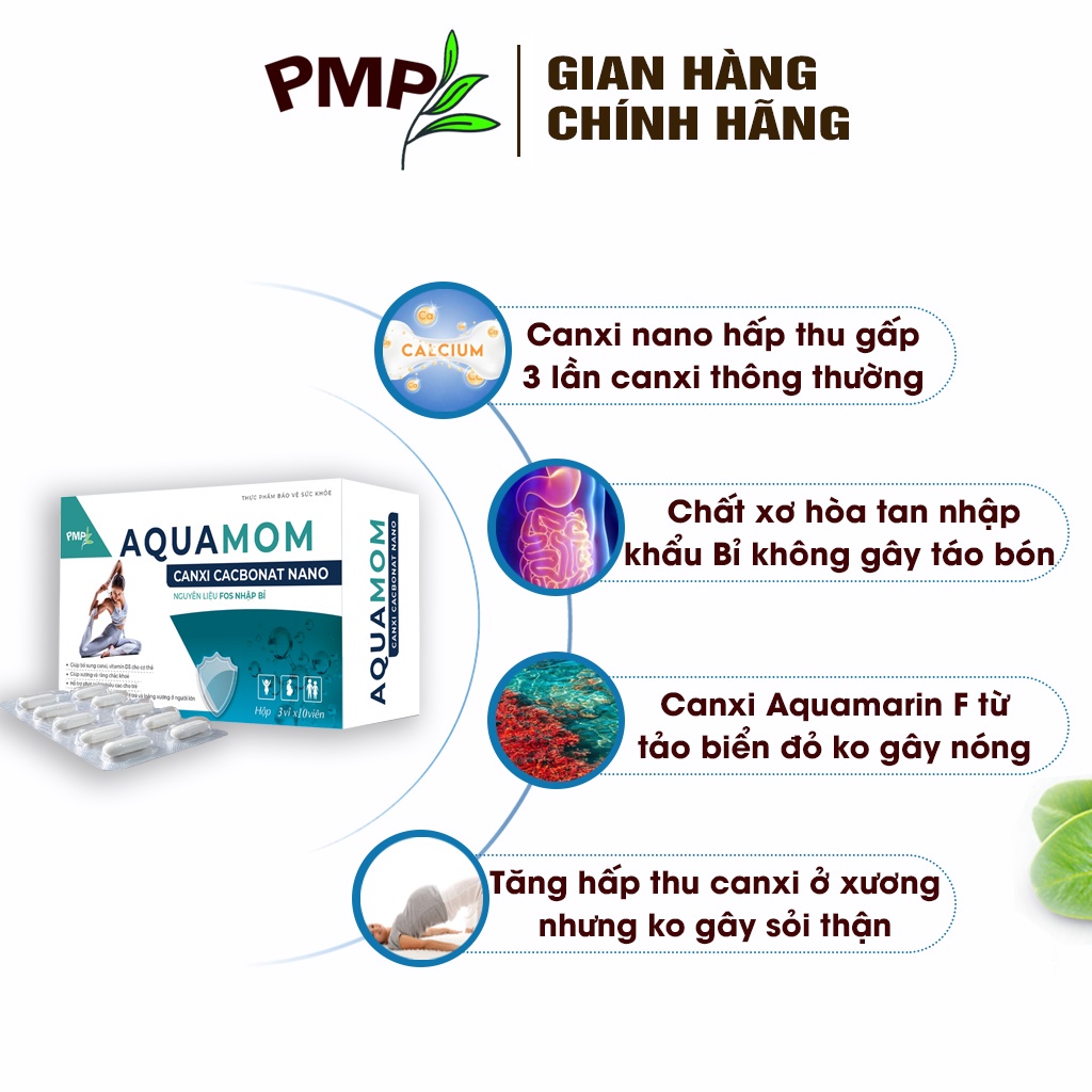 Combo Sắt Hữu Cơ Fevimom PMP Và Canxi Nano Aquamom PMP Cho Người Lớn, Phụ Nữ Mang Thai Và Cho Con Bú Không Gây Táo Bón