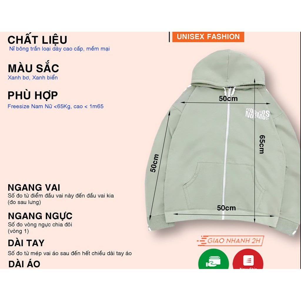 Áo khoác Hoodie Unisex nam nữ form rộng có dây kéo, nón 2 lớp chui đầu chữ NORMOS phong cách Ulzzang