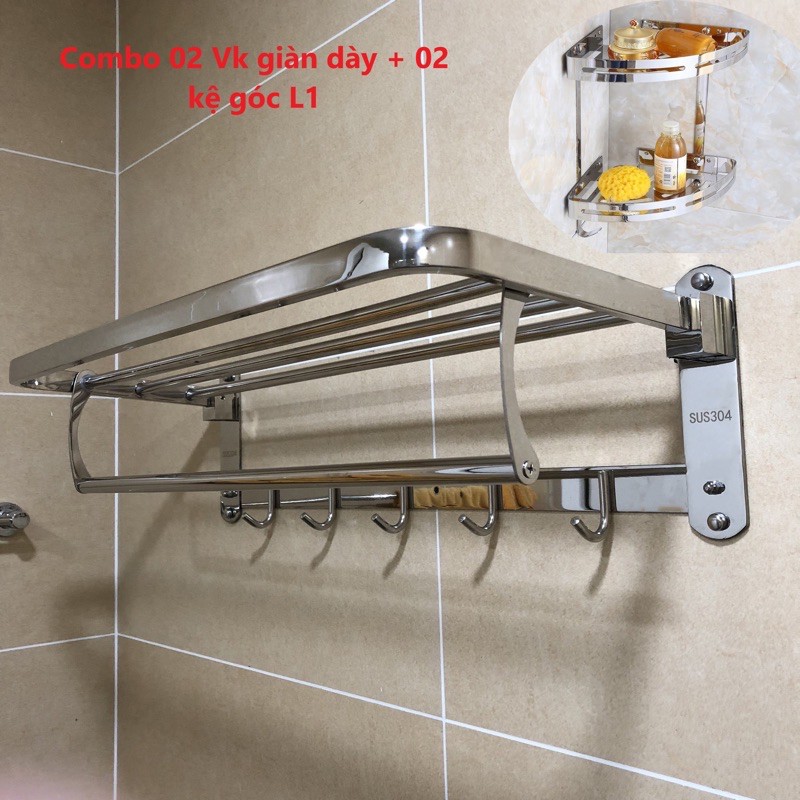 Combo 02 Vắt khăn giàn dày L1 +02 kệ góc L1 inox sus 304  cao cấp