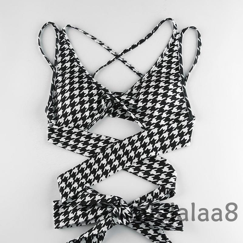 LAA8-YS-Women Split Suspender V Neck Houndstooth Pattern Cut-out Cross Wrap Open Back Tie-up Short Tank Tops