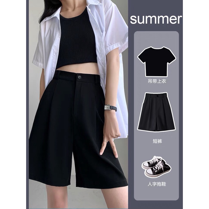 Quần đùi lửng nữ ống rộng dáng ngố ngang gối màu đen - Quần short sooc lửng nữ bigsize cạp lưng cao mặc đi biển thể thao