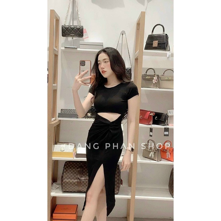 Đầm thun gân nữ kiểu tay ngắn dáng body dài midi xẽ tà khoét bụng hot