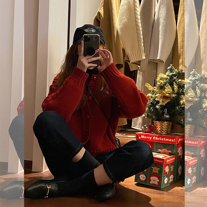 Hàng Sẵn_Áo len sáp mềm màu đỏ lưới phụ nữ áo khoác len dệt kim xoắn phong cách hàn