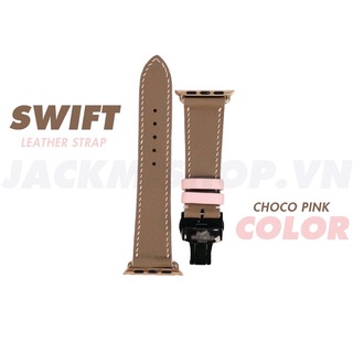 Dây da Bê Swift màu Nâu Tây chỉ Hồng khoá Bướm cho aw series 9 8 7 6 SE 5 4 3 2 1 size 49mm 45mm 44mm 42mm 41mm 40mm 38m