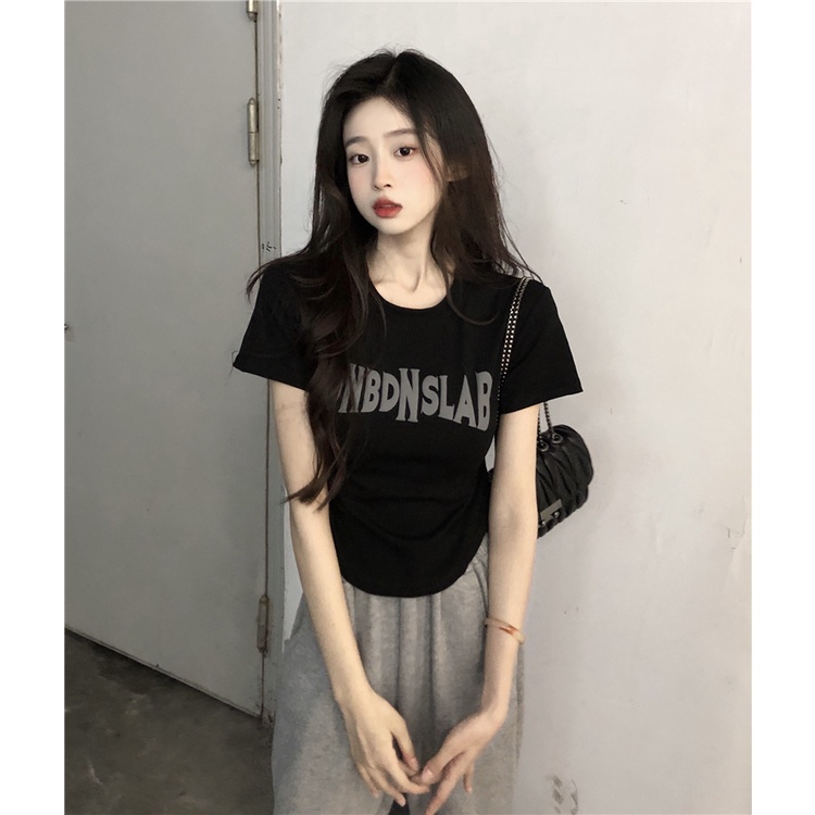 Set Áo Thun Lửng Ngắn Tay + Quần jeans Dài Lưng Cao Ống Rộng Thời Trang Cho Nữ