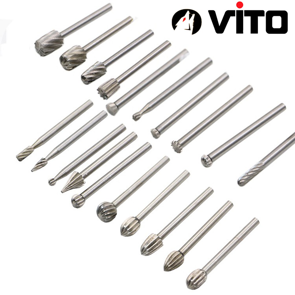 Bộ 10/20 Đầu Mũi Mài Khắc Làm Gỗ Lũa VITO Phủ Titanium Cán 3mm