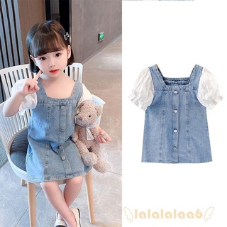 Đầm Denim Tay Ngắn Cổ Vuông Phối Màu Trắng / Xanh Dương Dành Cho Bé Gái Laa6