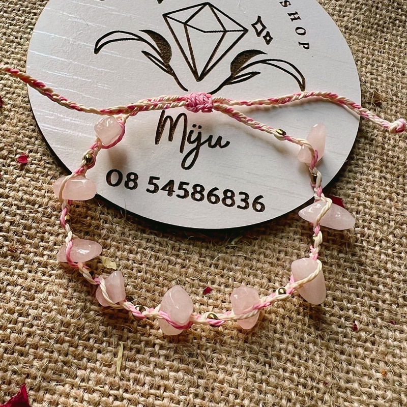 Vòng tay handmade đan dây đá thô màu hồng Rose Quartz