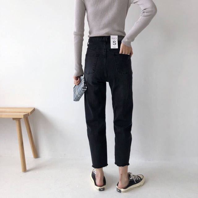 Quần jean dài nữ BigSize phom baggy tua lai lưng cao co dãn mạnh màu đen Cào xước nhẹ 4244