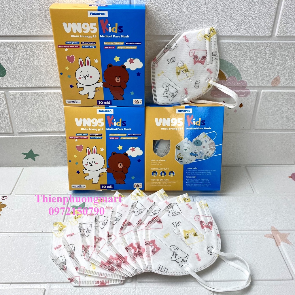Khẩu trang FAMAPRO VN95 KIDS trẻ em in hình 4 lớp kháng khuẩn 10 cái / hộp