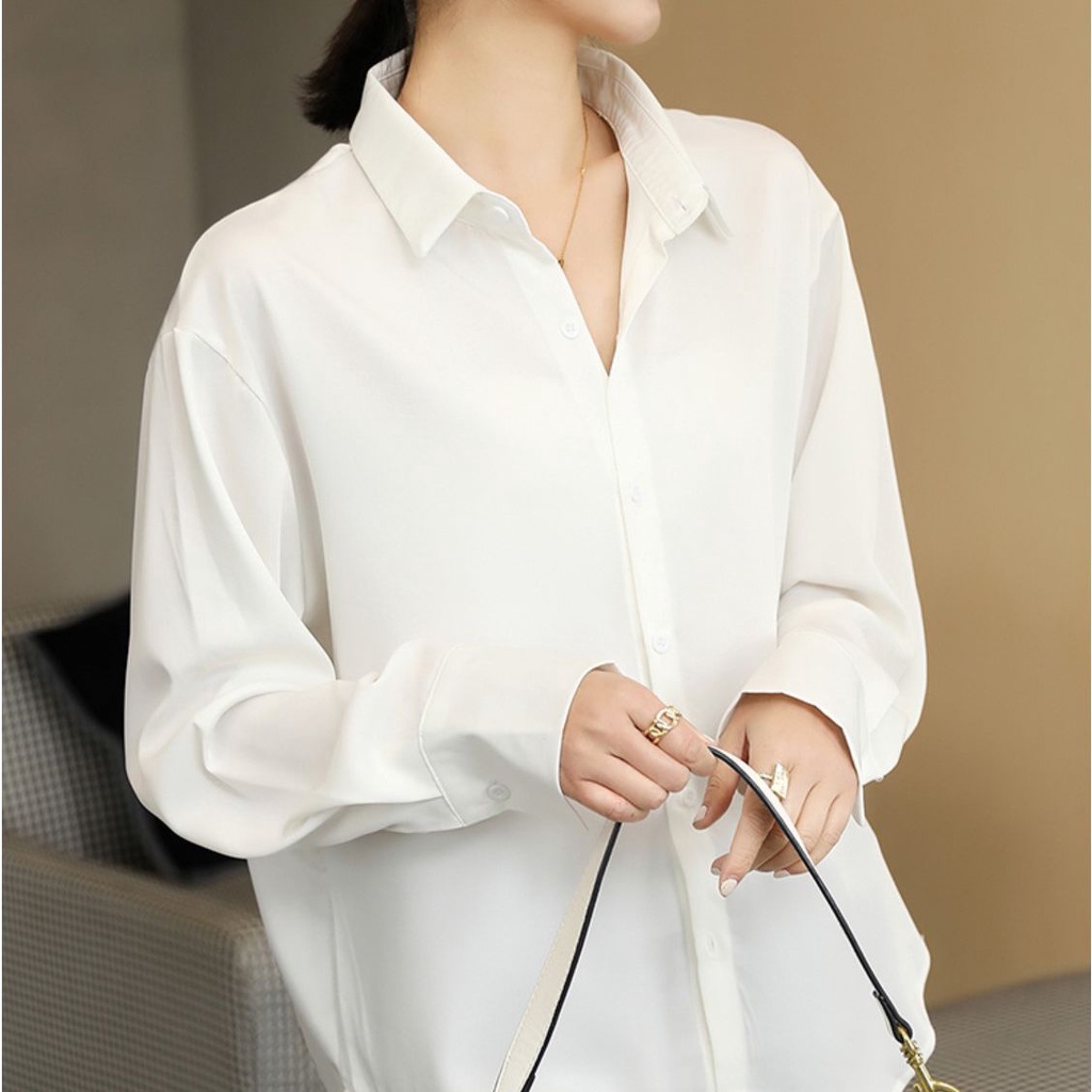 Áo Sơ Mi Vải Satin Đen Dáng Rộng Kiểu Retro Cao Cấp Dễ Phối Đồ