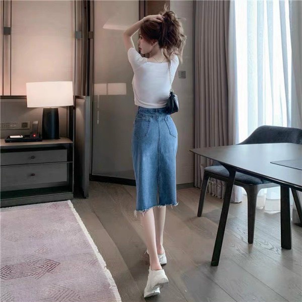 Chân váy jean midi dáng chữ a váy bò dài qua gối cạp cao rách gấu A5