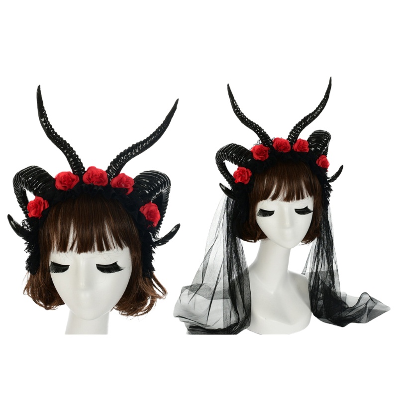 Băng Đô Cài Tóc Hình Sừng Cừu Phối Ren Hoa Giả Hóa Trang Halloween