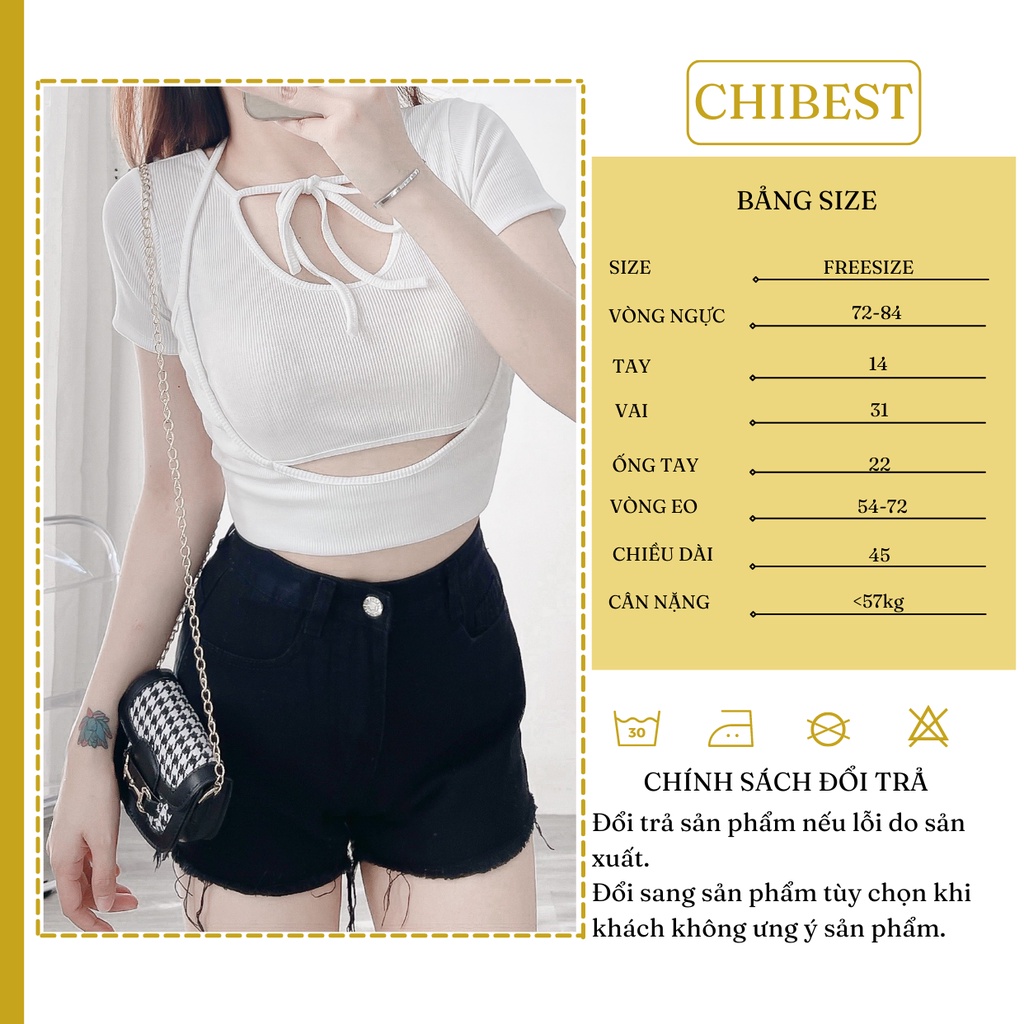 Áo thun CROPTOP kiểu nữ giả 2 lớp phối dây buộc cổ sexy CHIBEST LAB66