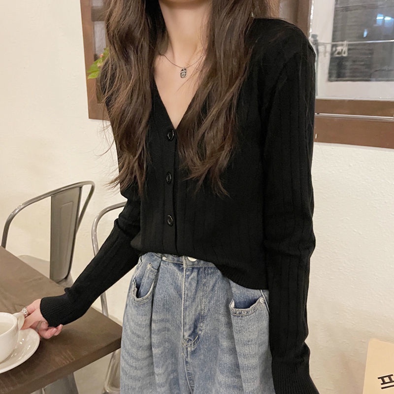 Áo Khoác Cardigan Dệt Kim Tay Dài Cổ V Kiểu Pháp Xinh Xắn Cho Nữ
