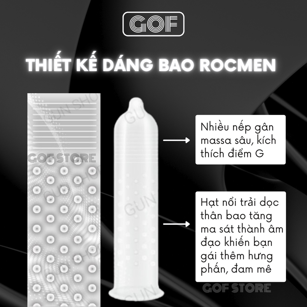 Bộ 2 Bao cao su gai Rocmen Long Shock kéo dài thời gian Hộp 12C bcs gai tặng Bao cao su Azodra – GoF Store