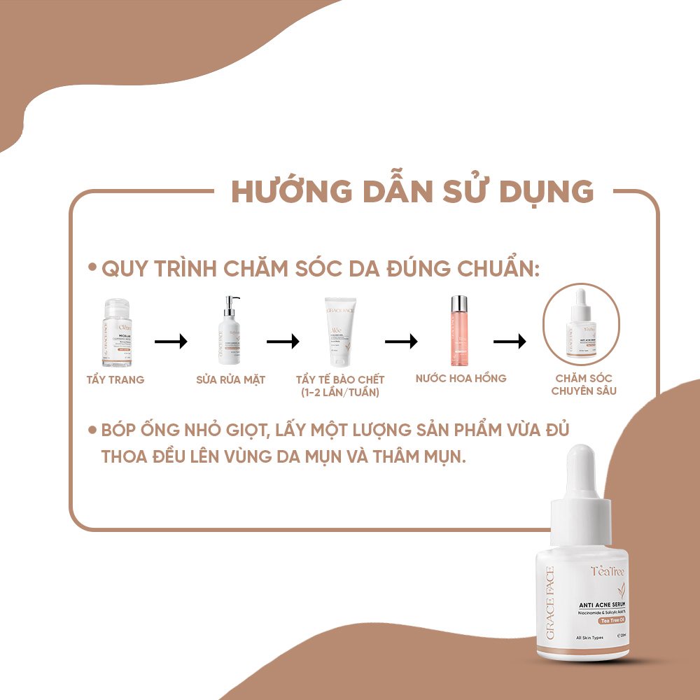 Bộ sản phẩm 5 món dành cho da mụn Serum mụn tràm trà, Tẩy trang, Sữa rửa mặt, Tẩy tế bào chết, Toner hoa hồng Grace Face