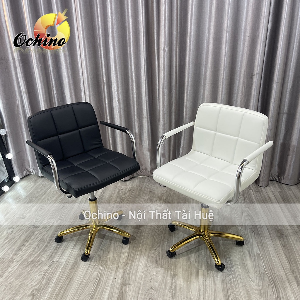 Ghế Trang Điểm Xoay Bánh Xe, Ghế Xoay Spa Chân Vàng Sao Cao Cấp Mẫu Tựa vịn tay inox Hiện Đại ( Hình Thật Shop Chụp)