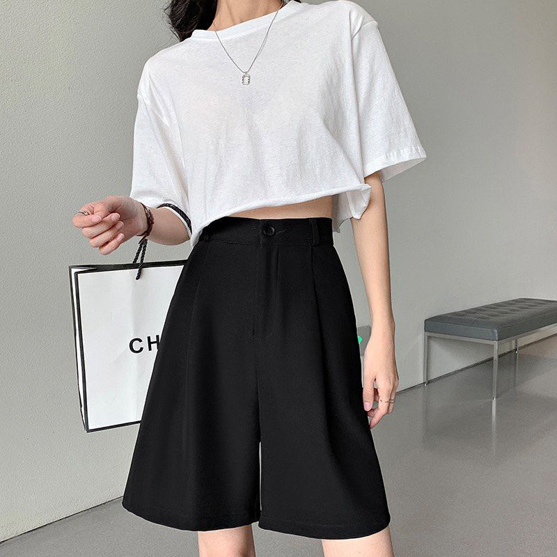 Quần sooc lửng ống rộng cạp cao dáng ngố lỡ mặc ở nhà tập thể thao gym _Quần đùi Unisex short nữ ống suông rộng màu đen