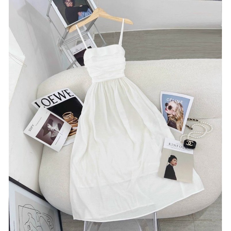 ĐẦM MIDI 2 DÂY TRẮNG XẾP LY NGỰC | BigBuy360 - bigbuy360.vn