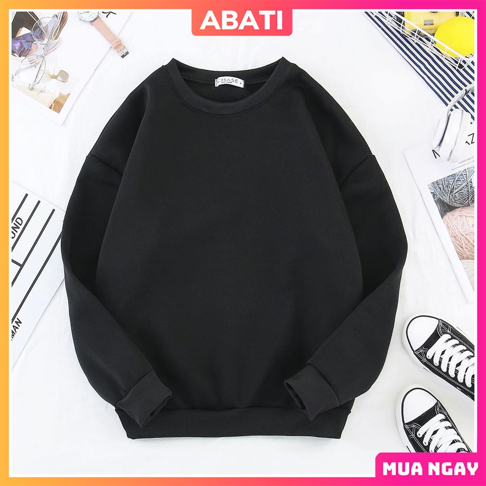 Áo nỉ trơn nữ form rộng dày dặn ấm áp unisex ABATI áo sweater trơn nam nữ dài tay lót nỉ ấm áp cao cấp hàn quốc