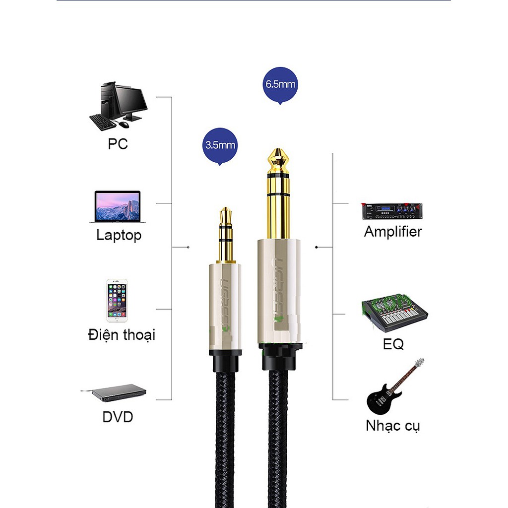 Cáp Audio 3.5mm sang 6.5mm UGREEN ( 1M 40802 , 1.5M 40803 , 2M 40804 , 3M 40805, 5M 40806 )