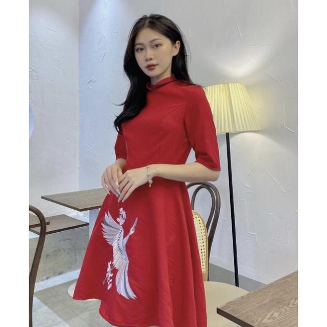 Đầm đỏ tết VAYO Váy đi chơi tết cách tân nữ chim hạc tay ngắn đầm xòe đẹp thời trang dưới 53kg | BigBuy360 - bigbuy360.vn