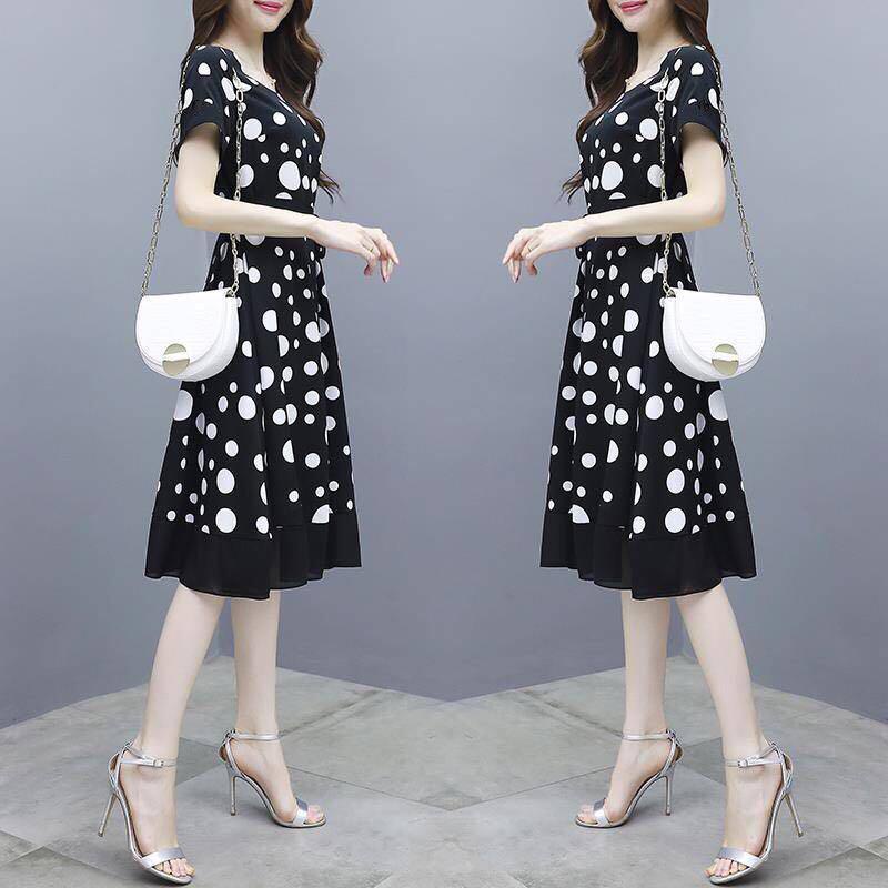 Đầm Tay Ngắn Cổ Tròn Dáng Ôm In Họa Tiết Chấm Bi Phong Cách Hàn Quốc Thời Trang Mùa Hè Xinh Xắn Cho Nữ