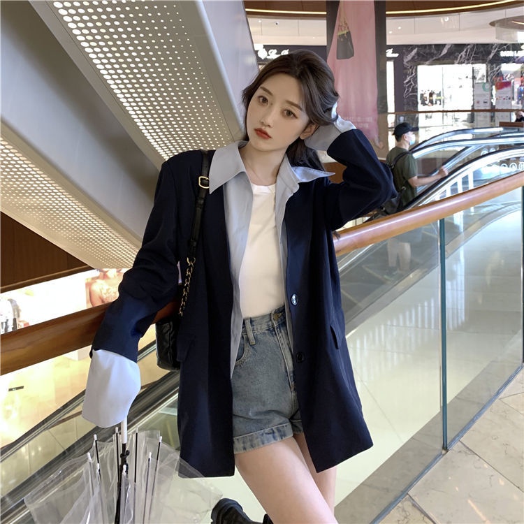 Áo khoác giả hai lớp tay dài dáng rộng thời trang mùa thu phong cách Hàn Quốc cho nữ