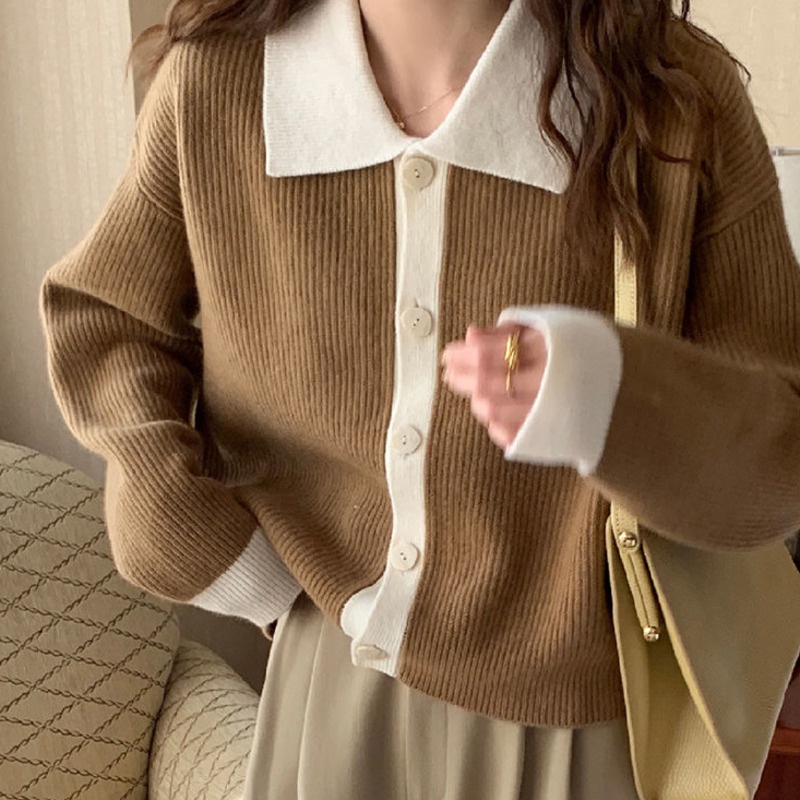 Áo Sweater Dệt Kim Tay Dài Cổ Polo Dáng Rộng Màu Sắc Tương Phản Phong Cách Hàn Quốc Thời Trang