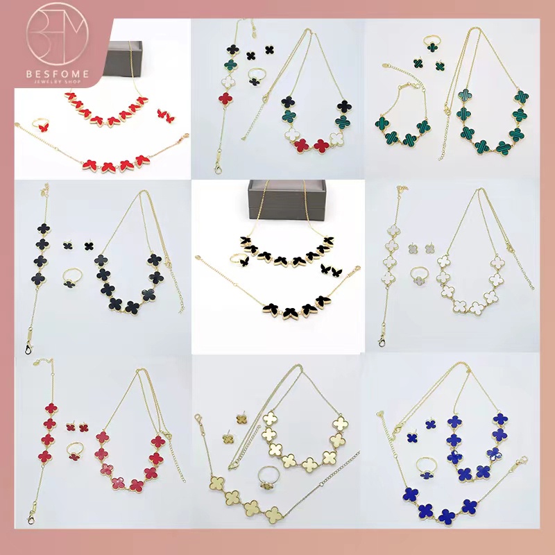 BESFOME Bộ trang sức bốn món Bộ trang sức cỏ bốn lá vòng cổ nữ thời trang bướm xương đòn dây chuyền mặt dây chuyền vòng đeo tay nhẫn bông tai bộ vàng hồng 18k thép titan